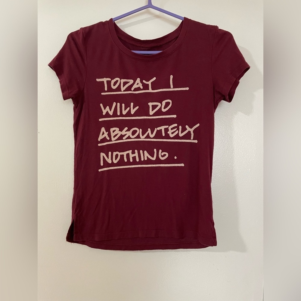American Eagle Outfitters Burgundy Short Sleeve Tee with Cream Script